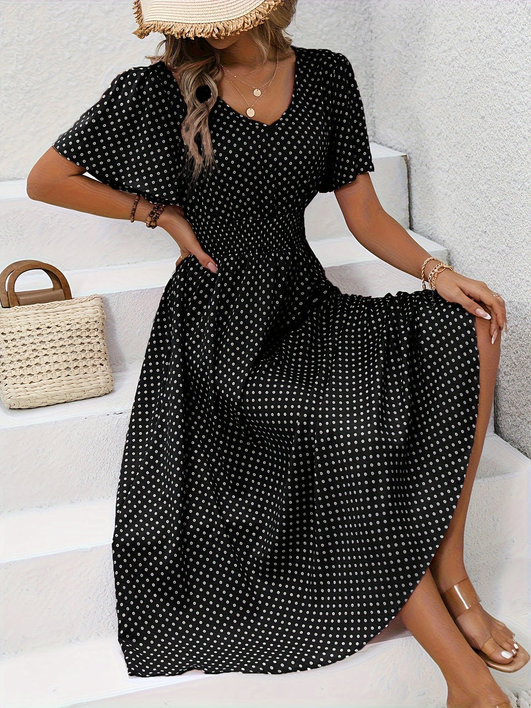 Maëva™ | Robe midi chic rose à pois