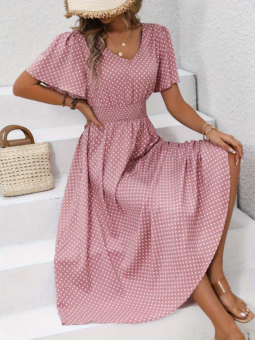 Maëva™ | Robe midi chic rose à pois